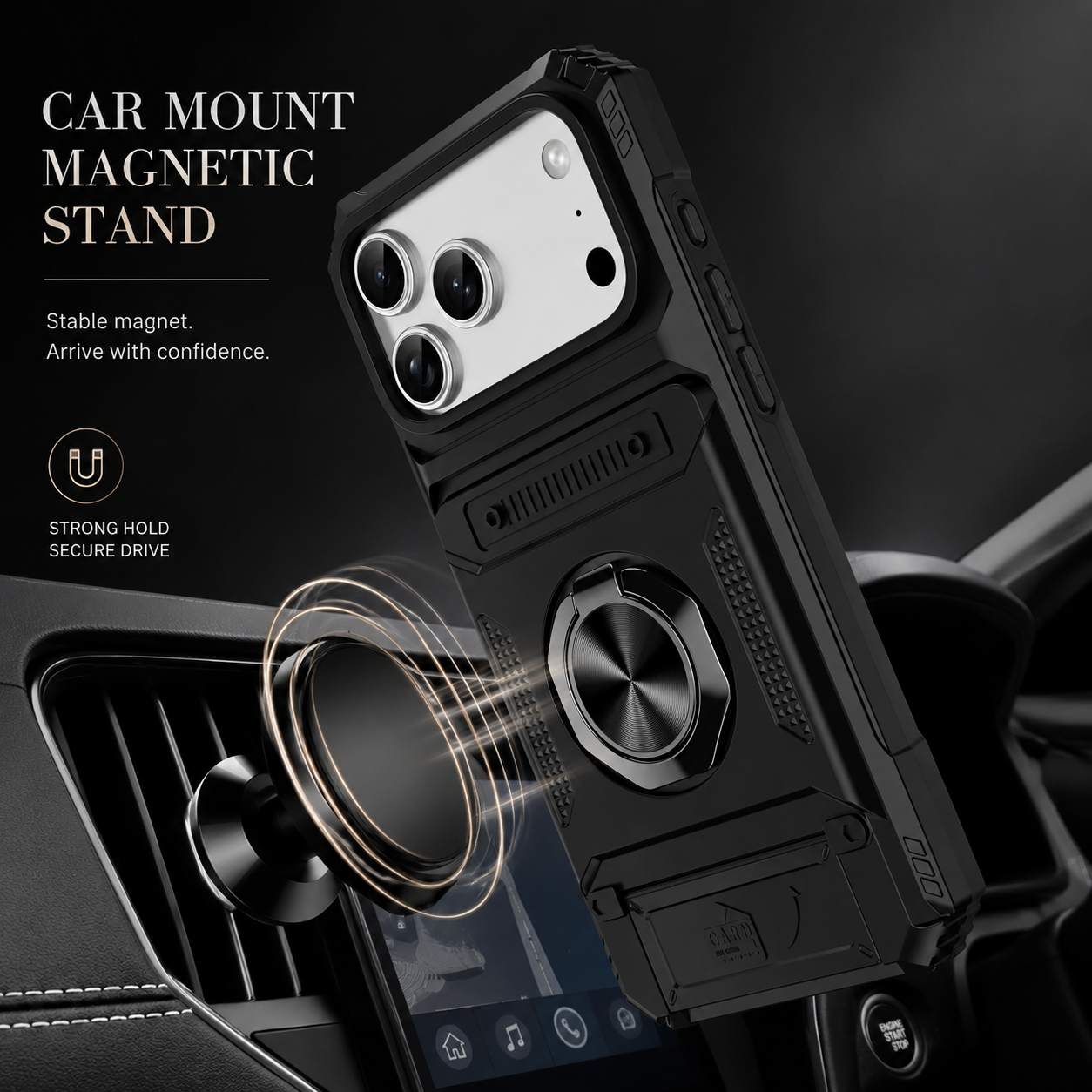 Premium iPhone Case MagSafe Compatible Magnetic Rotating Ring Kickstand Wallet Cover Heavy Duty Shockproof Protective PC Case Card Holder Full Coverage