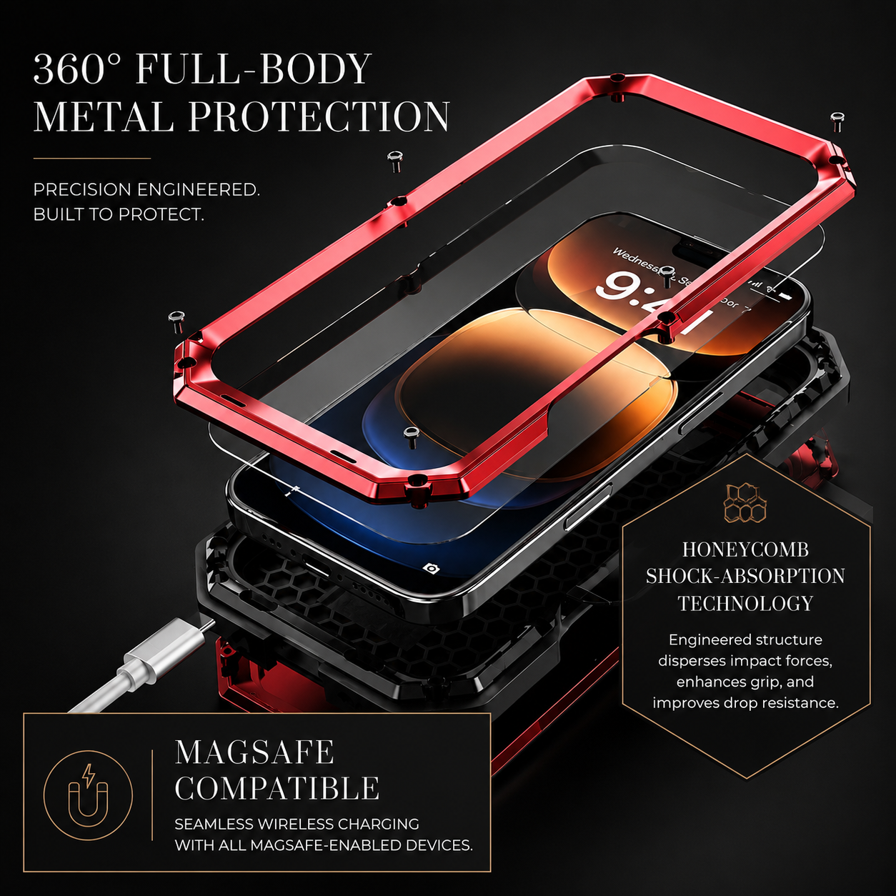 Premium iPhone Case MagSafe Compatible Military Heavy Duty Metal Armor Protective Cover Full Body Shockproof Aluminum Frame Camera Cover Design
