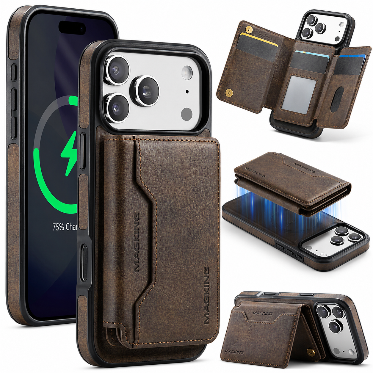 Premium iPhone Case MagSafe Compatible Protective Cover Camera Lens Protection Shockproof Detachable Magnetic PU Leather Wallet Card Holder Anti Scratch Full Coverage