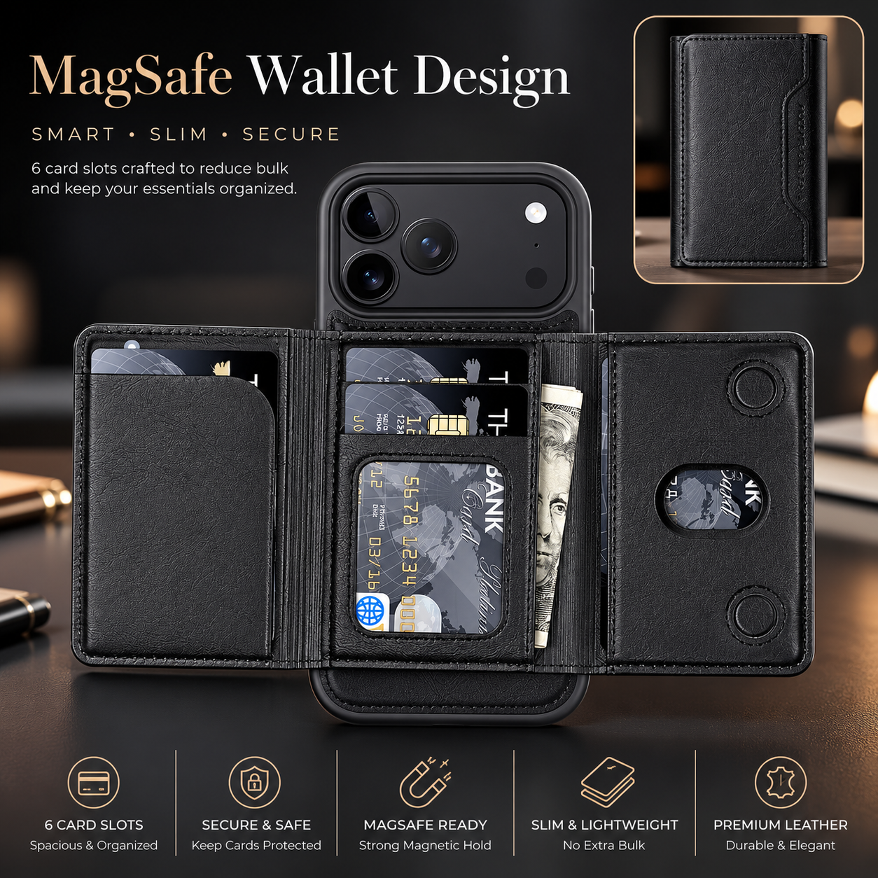 Premium iPhone Case MagSafe Compatible Protective Cover Camera Lens Protection Shockproof PU Leather Wallet Card Holder Magnetic Anti Scratch Full Coverage