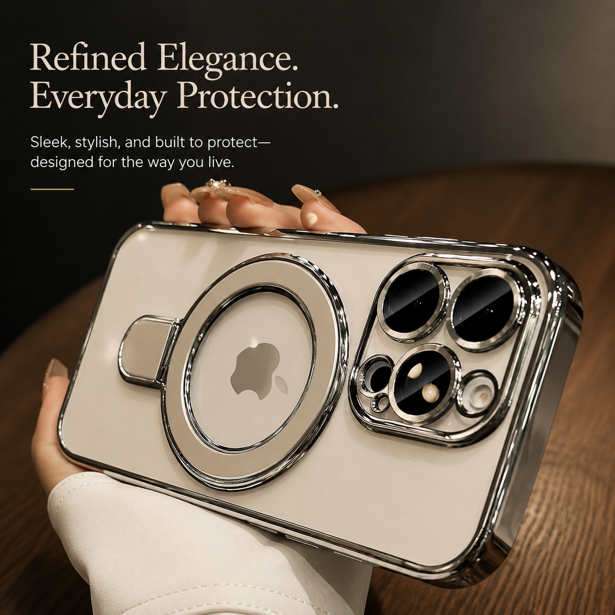 Premium iPhone Case MagSafe Compatible Transparent Acrylic Plating Cover Stand Holder Shockproof PC Bumper Magnetic Wireless Charging Slim Design
