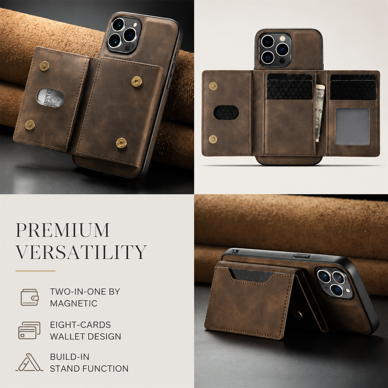 Premium iPhone Case Magnetic Leather Wallet Cover Card Holder Money Pocket Kickstand Shockproof Protective Case Slim Full Coverage