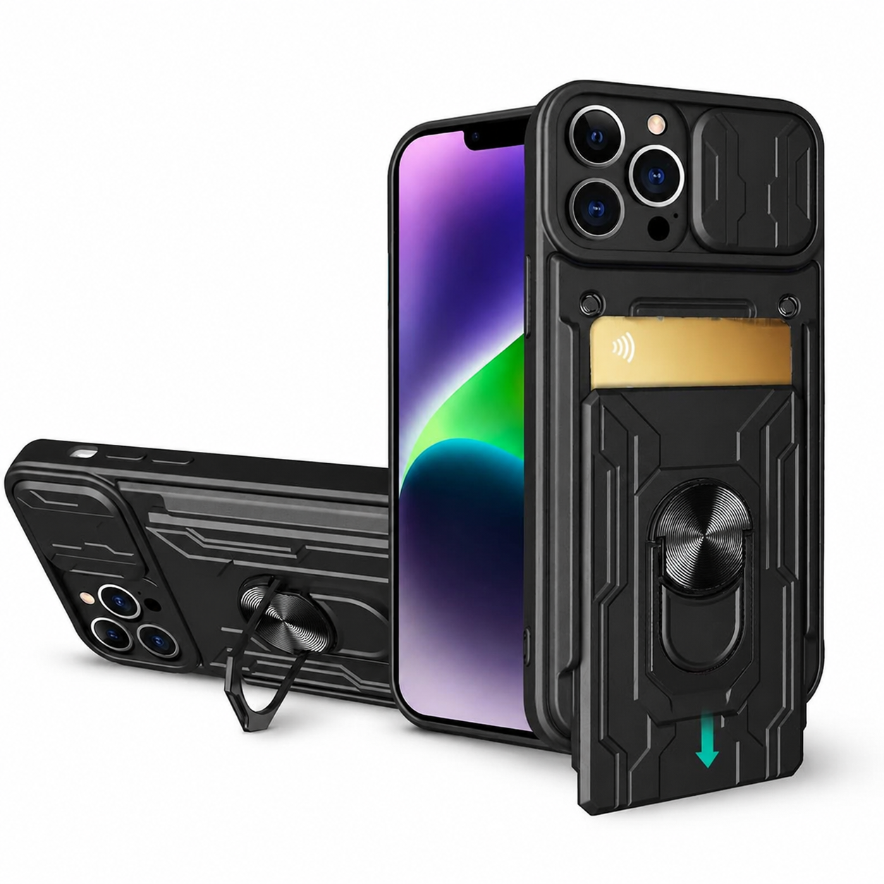 Premium iPhone Case Military Grade Magnetic Armor Cover Slide Camera Protector Card Slot 360° Ring Stand Shockproof MagSafe Protective Case