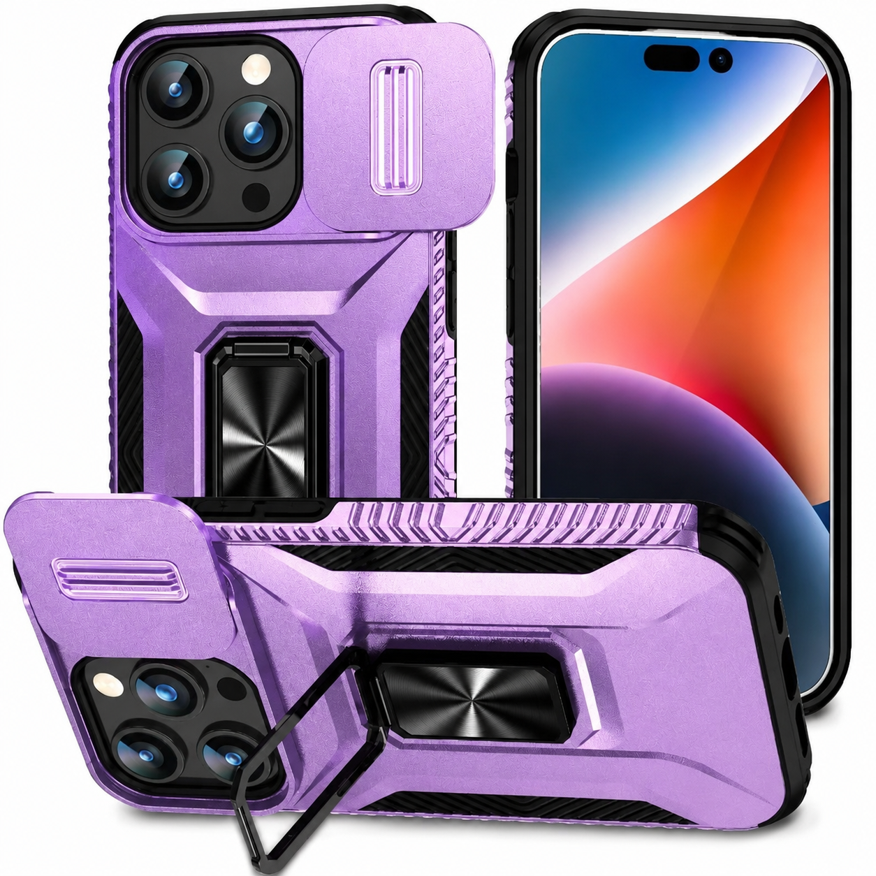 Premium iPhone Case Military Grade Shockproof Protective Cover Sliding Camera Lens Guard Rotary Stand Anti Slip Grip Full Coverage
