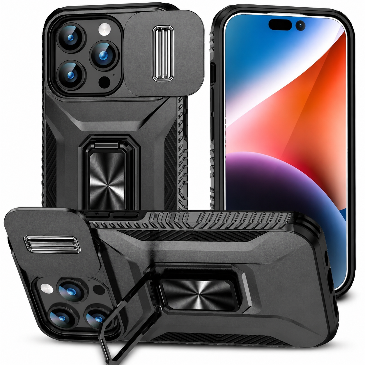 Premium iPhone Case Military Grade Shockproof Protective Cover Sliding Camera Lens Guard Rotary Stand Anti Slip Grip Full Coverage