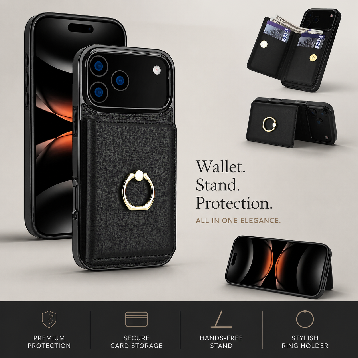 Premium iPhone Case PU Leather Wallet Cover Card Holder 360° Rotating Ring Kickstand Magnetic Clasp Shockproof Protective Case Full Coverage