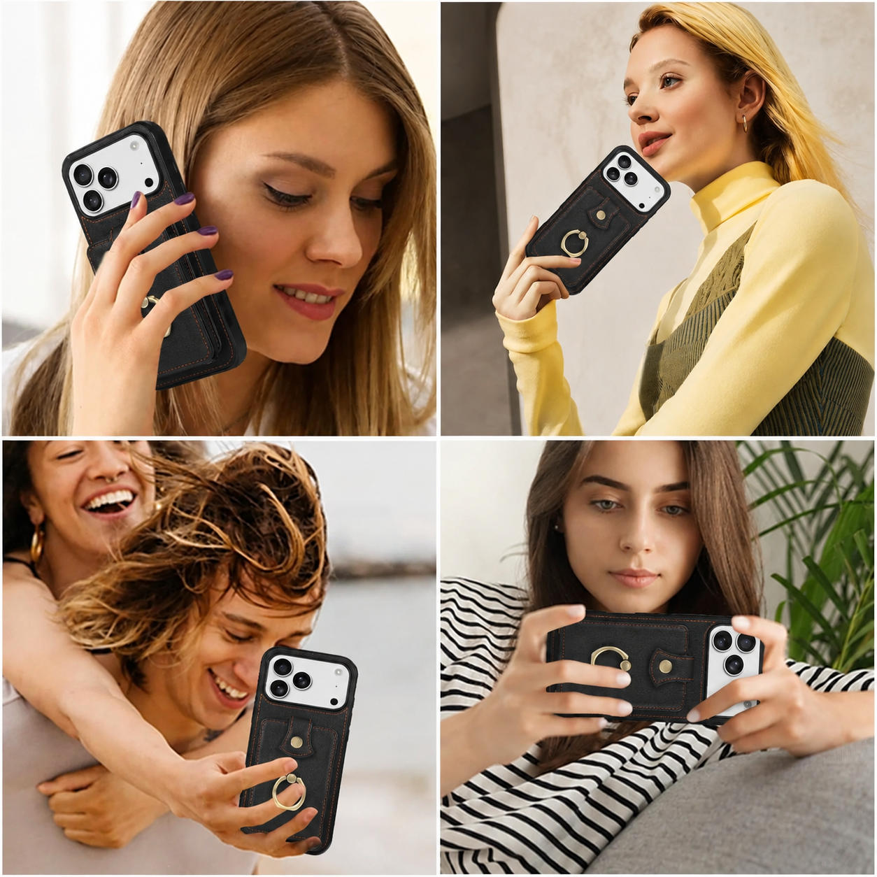 Premium iPhone Case PU Leather Wallet Cover Card Holder RFID Blocking 360° Rotating Ring Kickstand Shockproof Protective Case Full Coverage