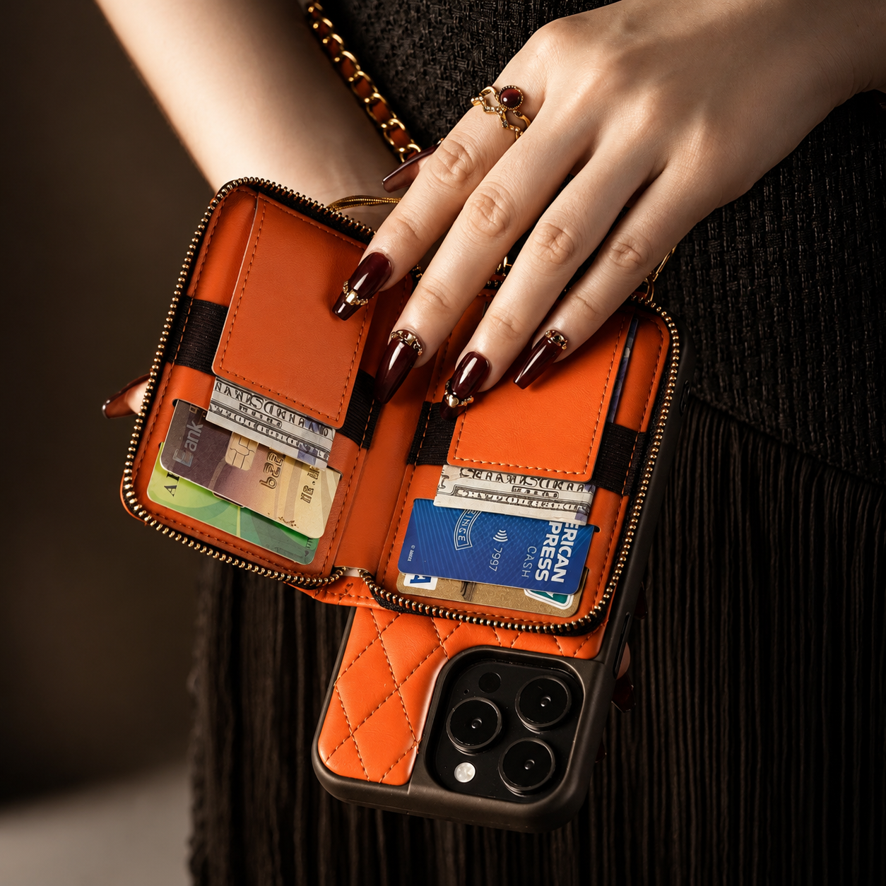 Premium iPhone Case Protective Cover Camera Lens Protection Shockproof Diamond Stitch Leather Crossbody Card Holder Chain Strap Anti Scratch Full Coverage