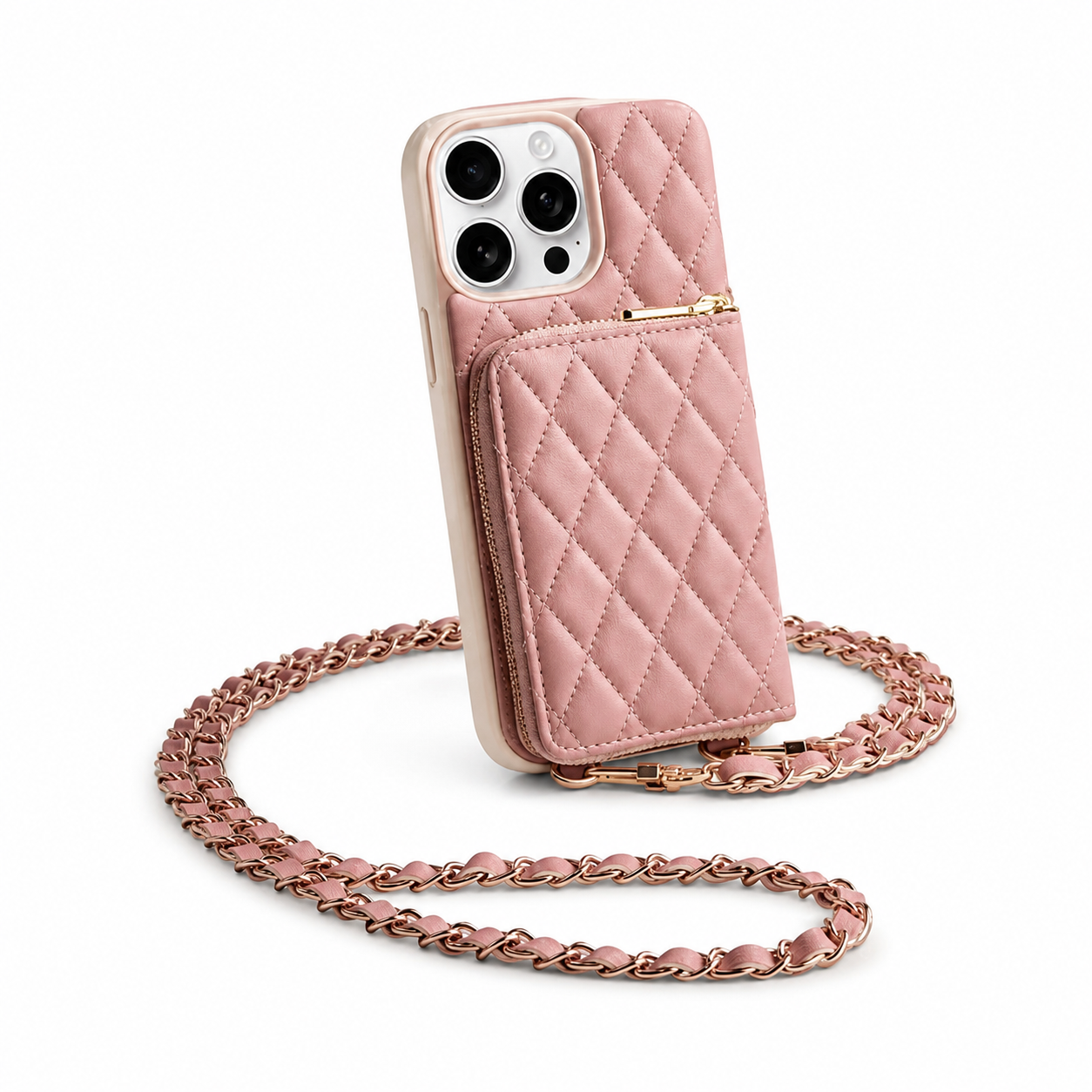 Premium iPhone Case Protective Cover Camera Lens Protection Shockproof Diamond Stitch Leather Crossbody Card Holder Chain Strap Anti Scratch Full Coverage