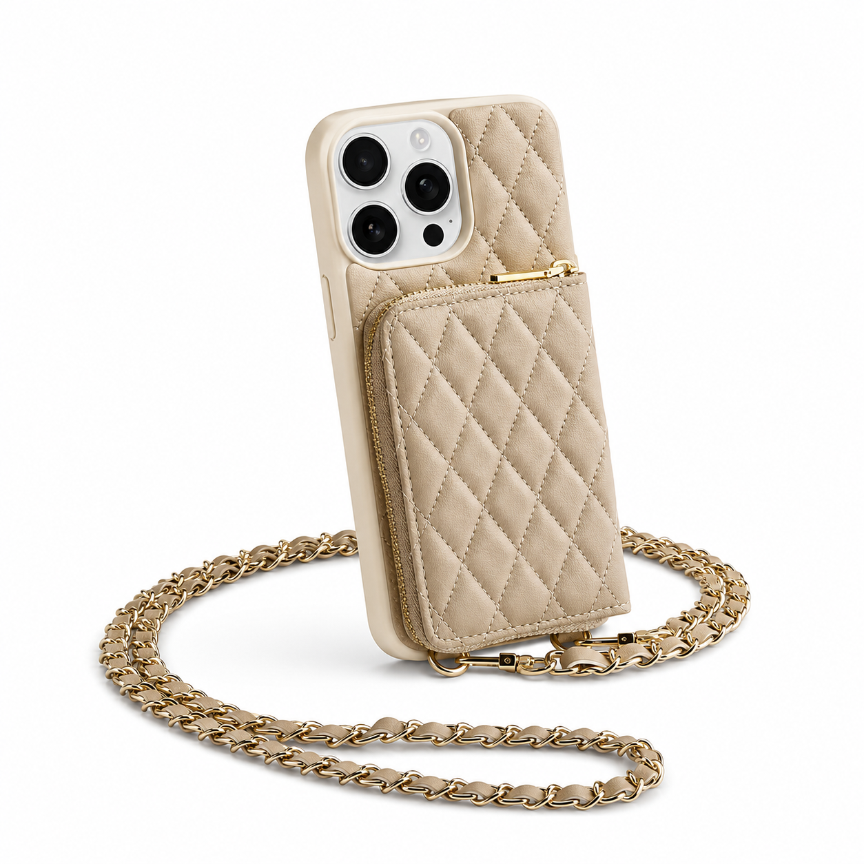 Premium iPhone Case Protective Cover Camera Lens Protection Shockproof Diamond Stitch Leather Crossbody Card Holder Chain Strap Anti Scratch Full Coverage