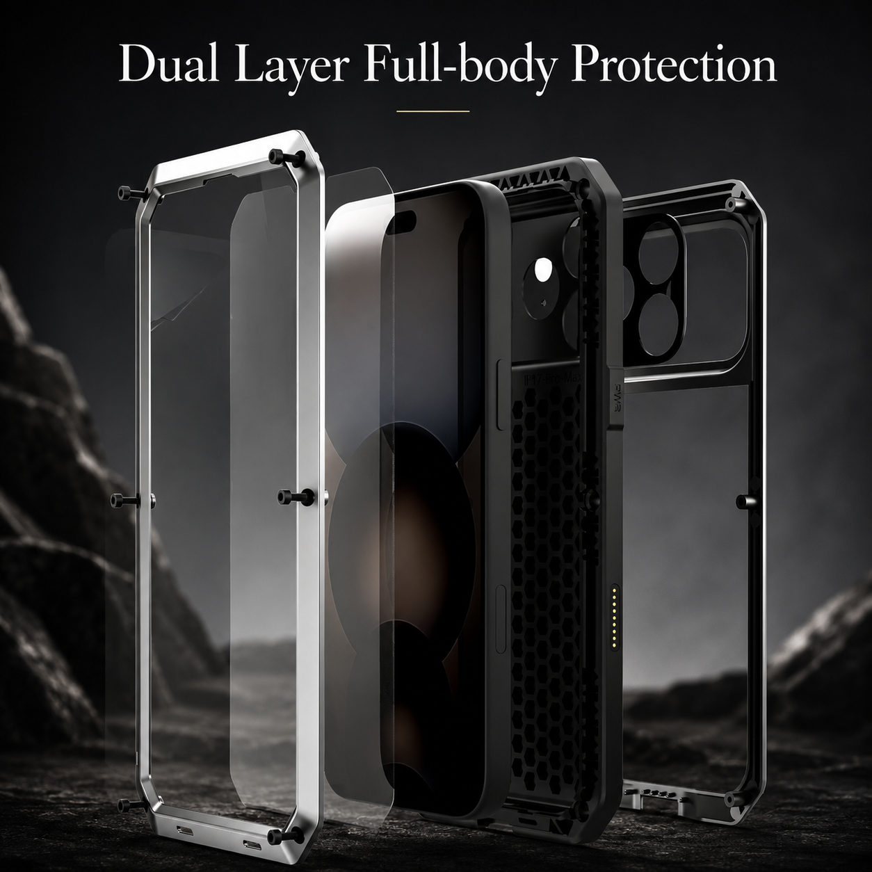 Premium iPhone Case Protective Cover Camera Lens Protection Shockproof Heavy Duty Metal Frame Built In Glass Screen Protector TPU PC Armor Full Coverage