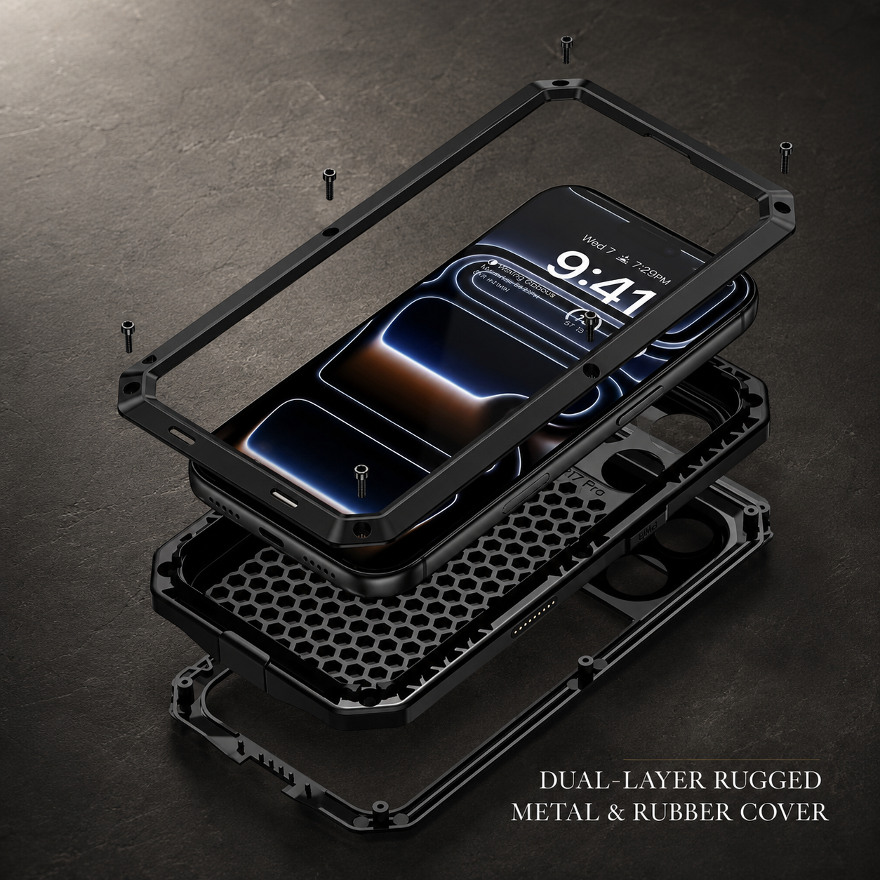 Premium iPhone Case Protective Cover Camera Lens Protection Shockproof Heavy Duty Metal Frame Built In Glass Screen Protector TPU PC Armor Full Coverage