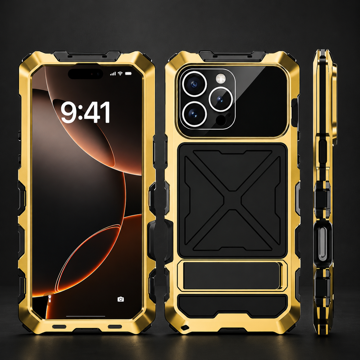 Premium iPhone Case Protective Cover Camera Lens Protection Shockproof Metal Bumper Anti Fall Silicone Bracket Rugged Armor Anti Scratch Edge Protection