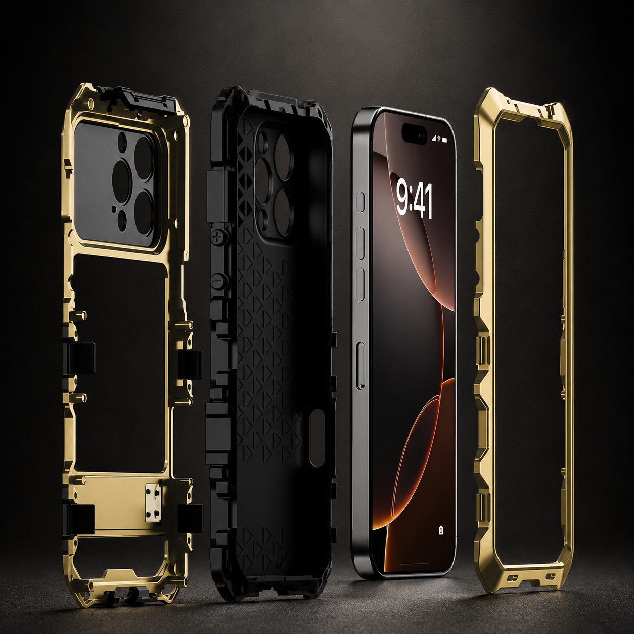 Premium iPhone Case Protective Cover Camera Lens Protection Shockproof Metal Bumper Anti Fall Silicone Bracket Rugged Armor Anti Scratch Edge Protection