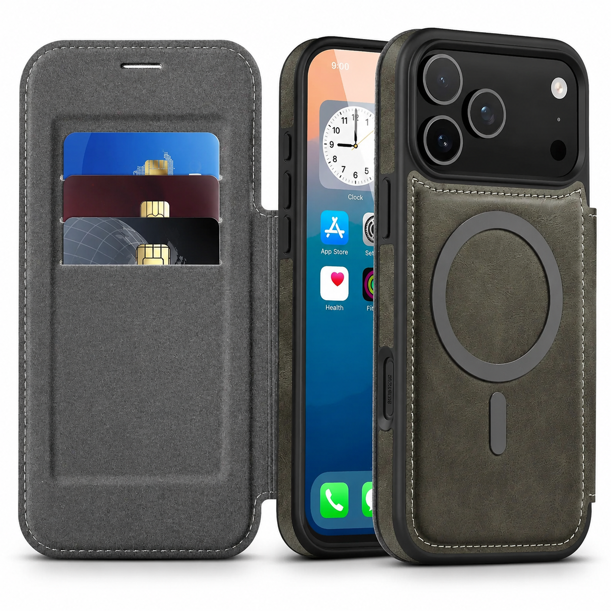 Premium iPhone Case RFID Blocking Leather Wallet Cover MagSafe Compatible Kickstand Card Holder Shockproof Protective Flip Case Wireless Charging