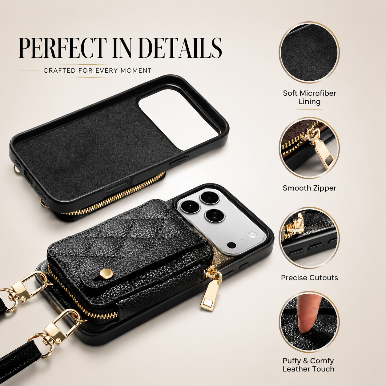 Premium iPhone Case RFID Blocking PU Leather Wallet Cover Crossbody Shoulder Strap Wrist Strap Card Holder Shockproof Protective Design