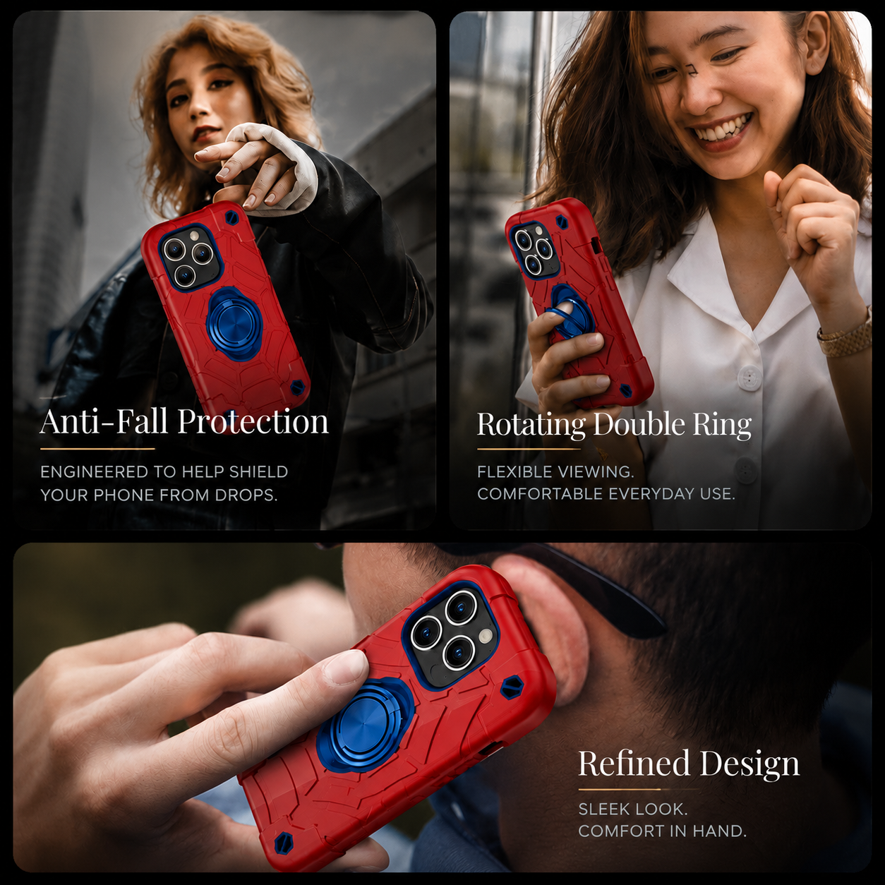 Premium iPhone Case Rugged Military Grade Protective Cover Dual Layer Shockproof Armor Ring Holder Magnetic Car Mount Compatible Full Body Protection Design