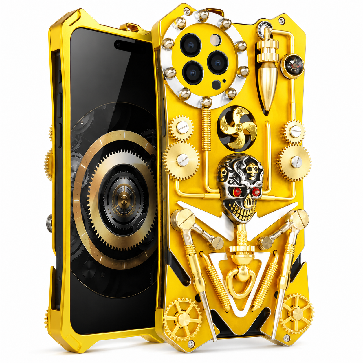 Premium iPhone Case Skull Compass Armor Cover MagSafe Compatible Shockproof Metal Kickstand Cooling Back Protective Case Camera Lens Screen Protection Full Coverage Design