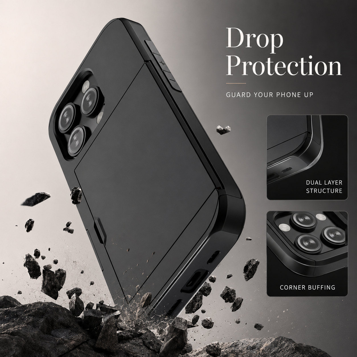 Premium iPhone Case Slide Wallet Armor Cover Card Holder Dual Layer Shockproof TPU PC Protective Design Anti Fingerprint Scratch Resistant Non Slip