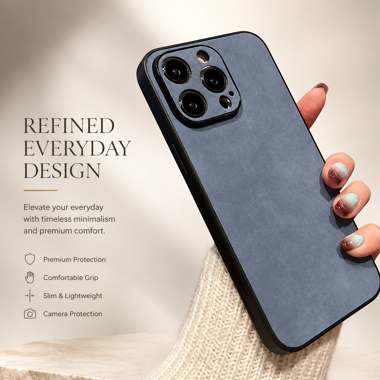 Premium iPhone Case Suede Leather Cover with Soft Silicone Edges Shockproof Camera Lens Protection Anti Scratch Non Slip Ultra Thin Slim Protective Design