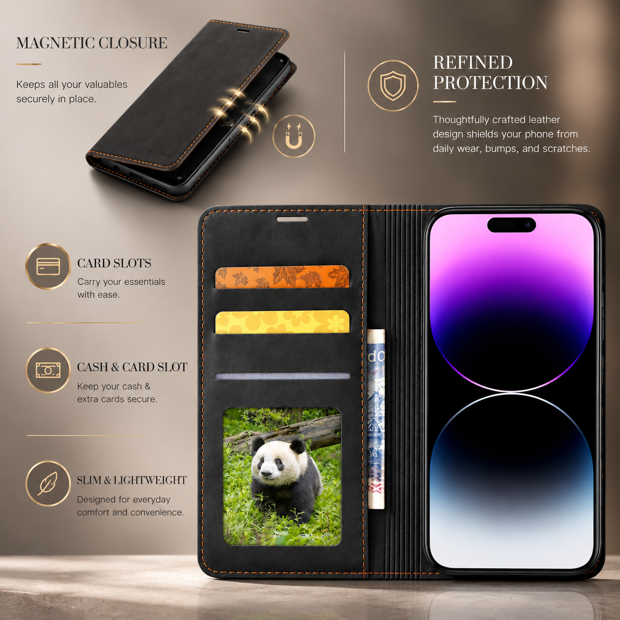 Premium iPhone Case Suede Leather Wallet Flip Cover Card Holder Magnetic Closure Shockproof Full Body Protection Slim Protective Design