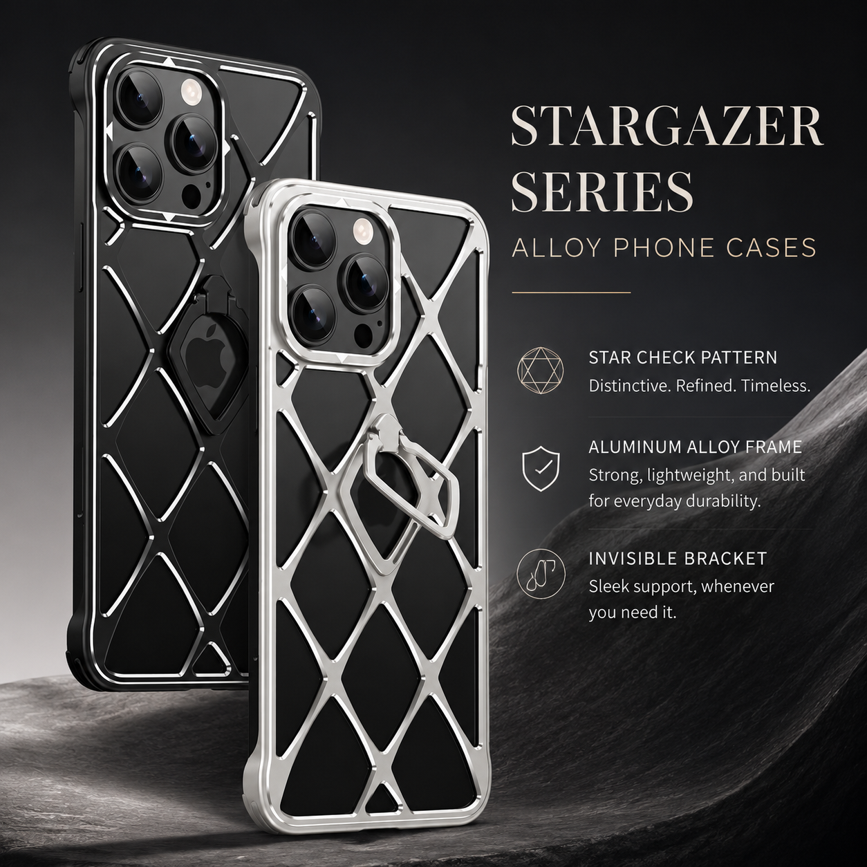 Premium iPhone Case Ultra Light Metal Bracket Cover MagSafe Compatible Heat Dissipation Shockproof Kickstand Camera Lens Protection Slim Design