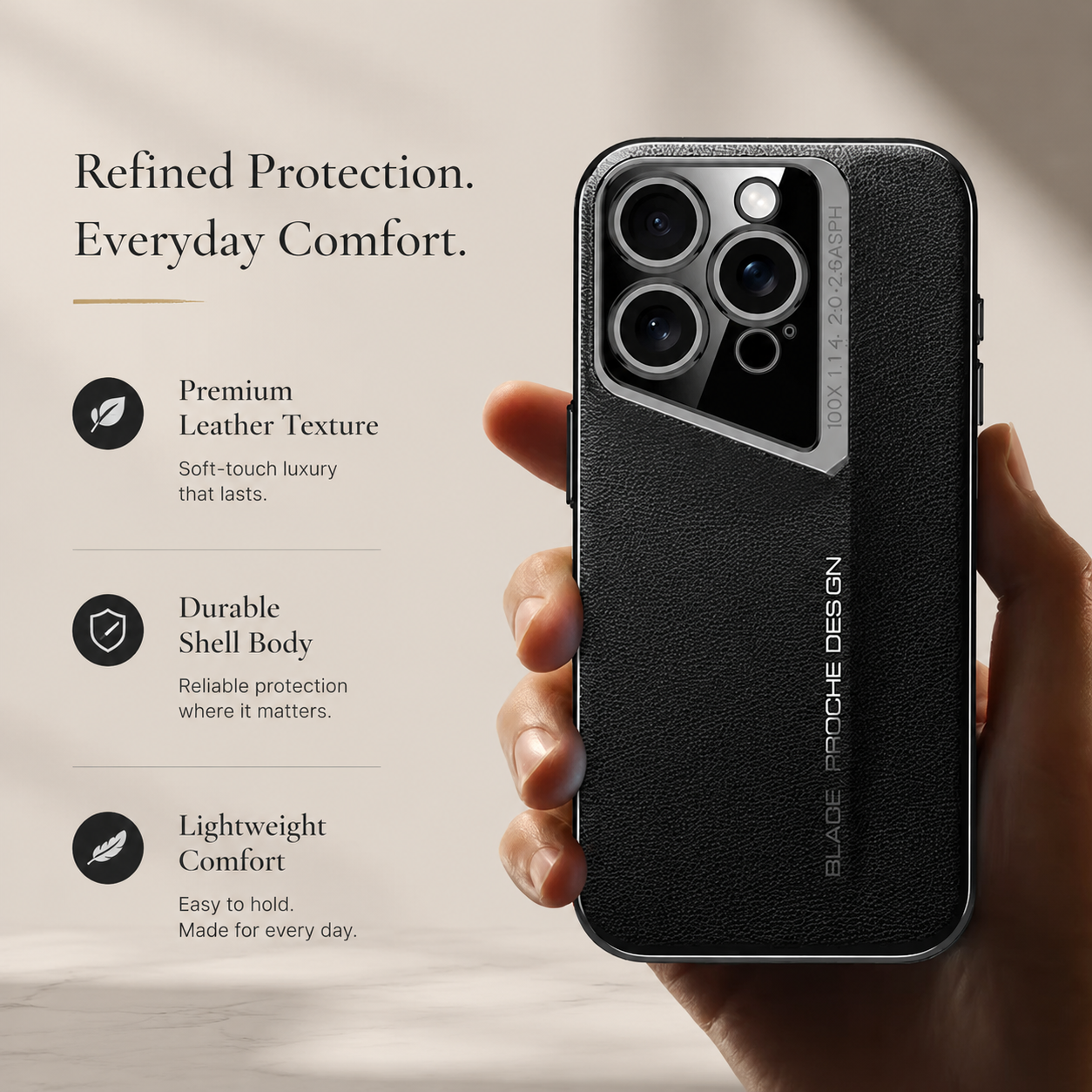 Premium iPhone Case Vegan Leather Hard Back Protective Cover Camera Lens Protection Anti-Fingerprint Anti-Scratch Slim Lightweight Wireless Charging Compatible Full Coverage