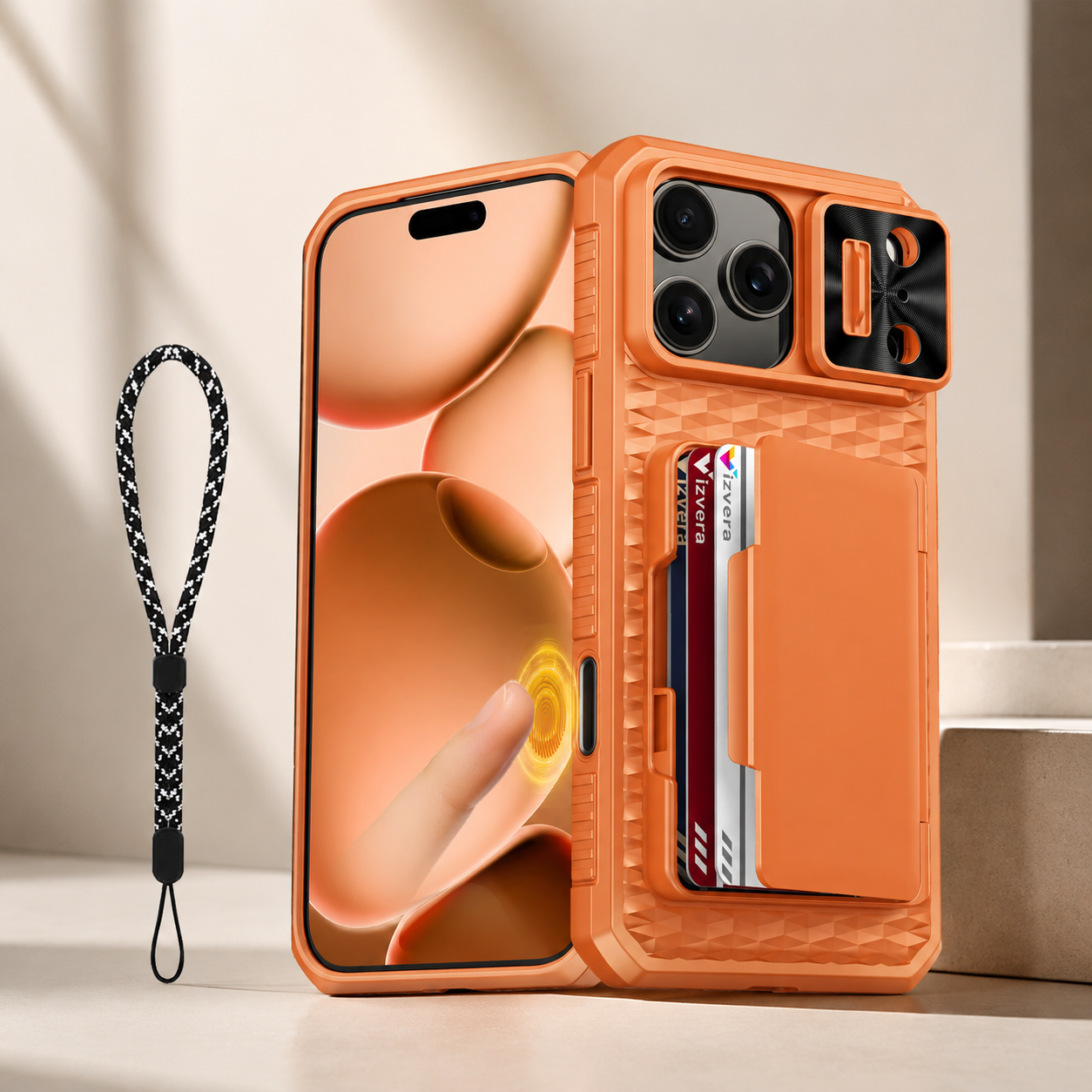 Premium iPhone Case Wallet Card Holder Sliding Camera Cover Foldable Stand Shockproof PC TPU Protective Full Coverage Design