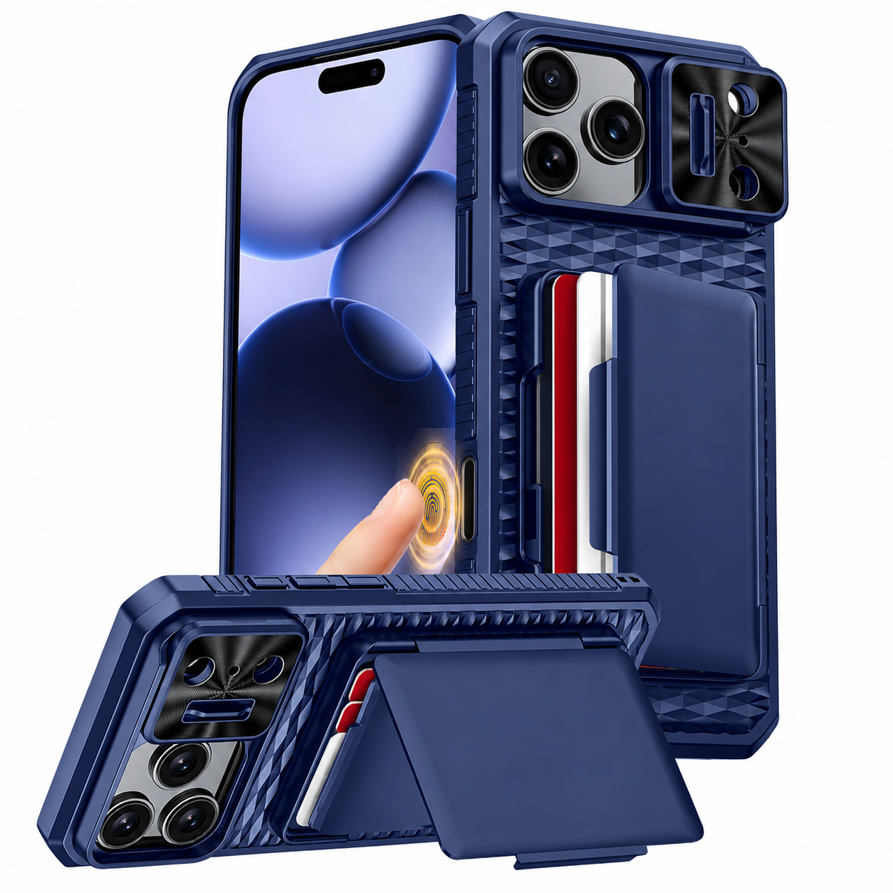 Premium iPhone Case Wallet Card Holder Sliding Camera Cover Foldable Stand Shockproof PC TPU Protective Full Coverage Design