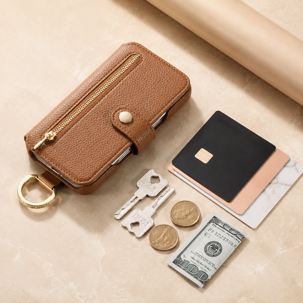 Premium iPhone Case Wallet Flip Leather Cover Card Holder Wrist Strap Ring Kickstand Shockproof Magnetic Closure Full Protection Design