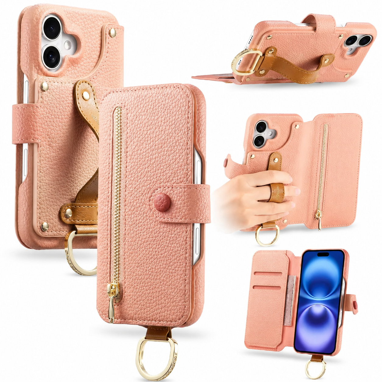 Premium iPhone Case Wallet Flip Leather Cover Card Holder Wrist Strap Ring Kickstand Shockproof Magnetic Closure Full Protection Design