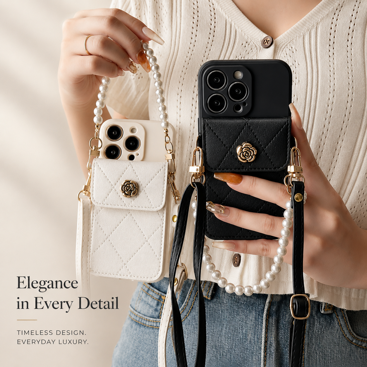 Premium iPhone Case Wallet MagSafe Compatible Crossbody Strap Protective Cover Card Holder Shockproof Pearl Strap Camera Protection Slim Luxury Design