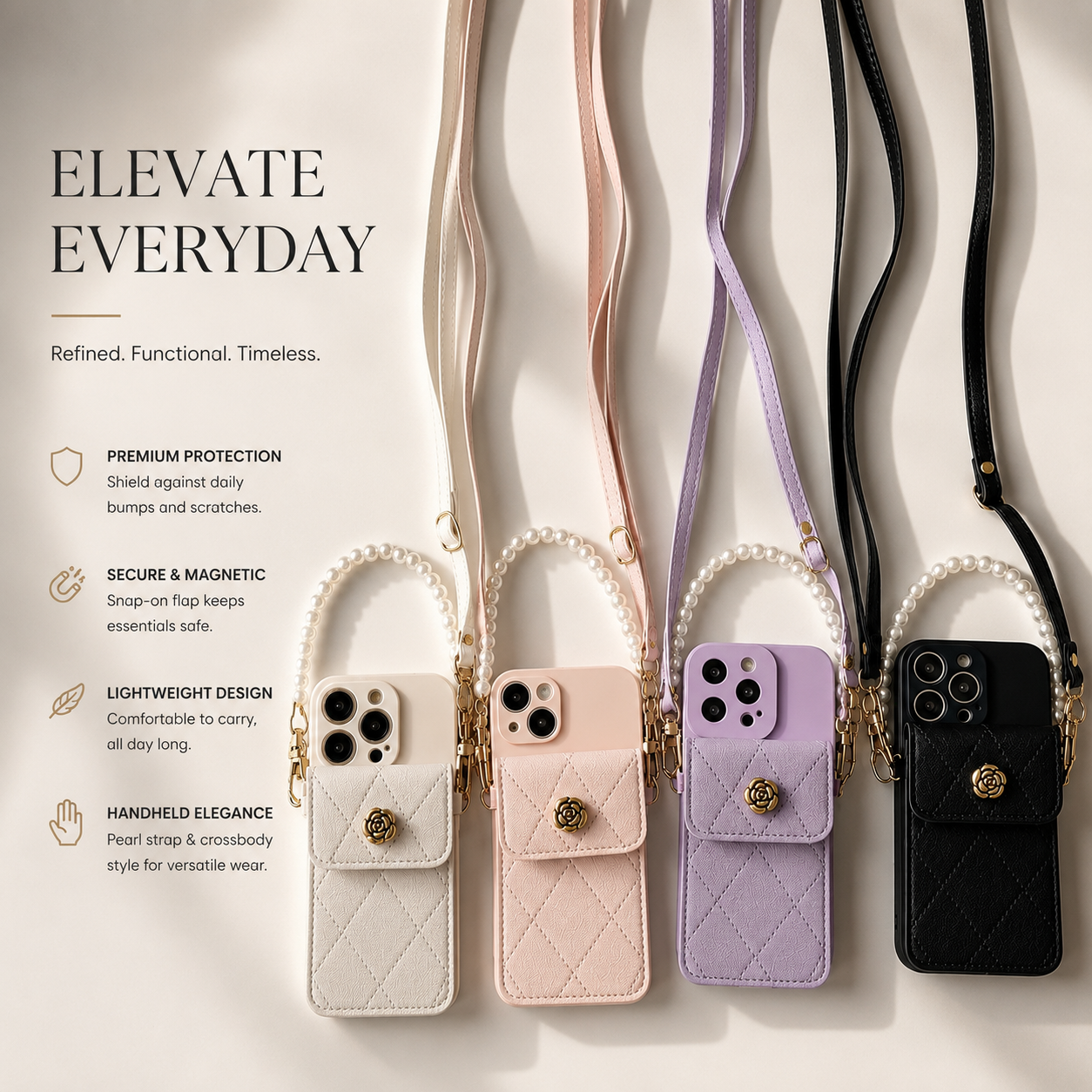 Premium iPhone Case Wallet MagSafe Compatible Crossbody Strap Protective Cover Card Holder Shockproof Pearl Strap Camera Protection Slim Luxury Design