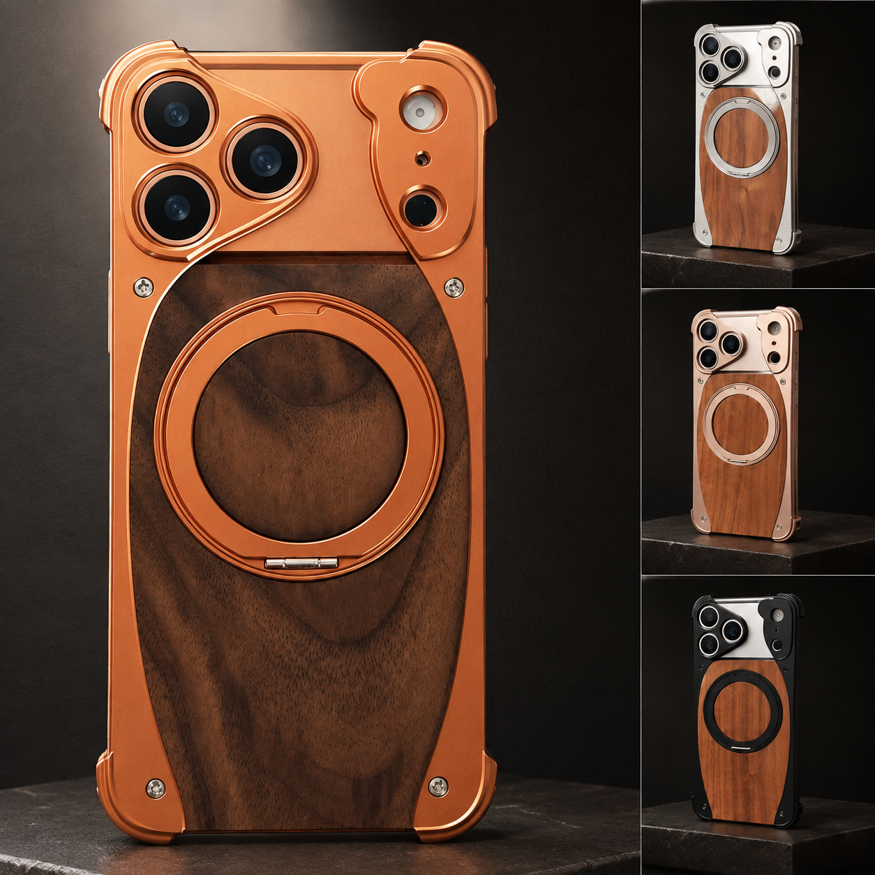 Premium iPhone Case Walnut Wood Aluminum Magnetic Protective Cover Shockproof Built-In Stand Wireless Charging Camera Lens Protection Full Coverage