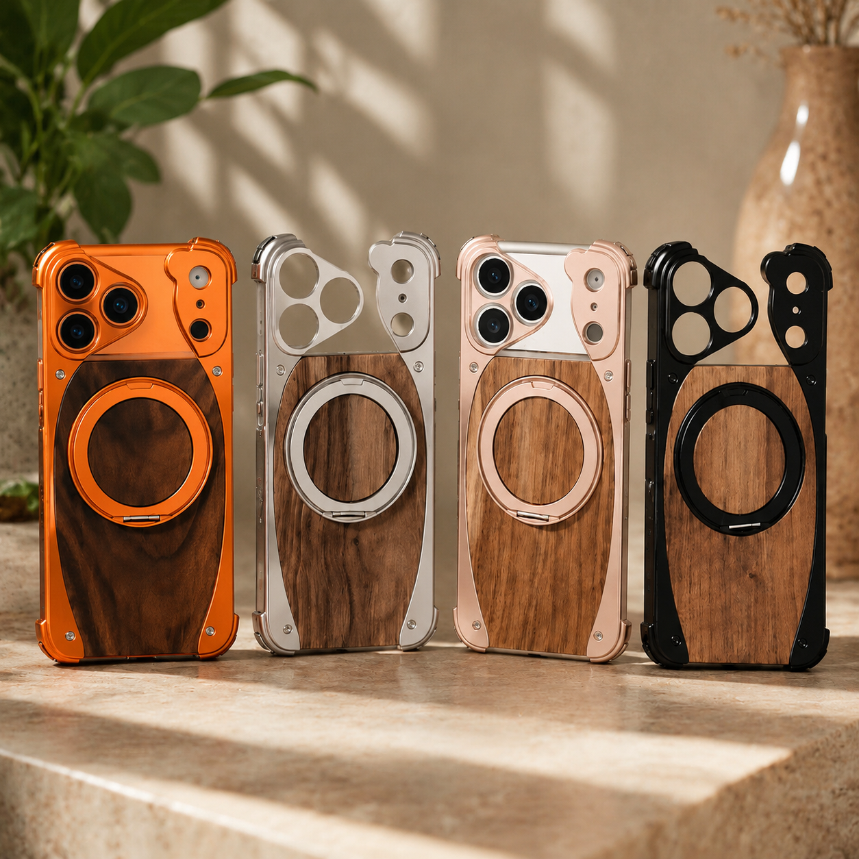 Premium iPhone Case Walnut Wood Aluminum Magnetic Protective Cover Shockproof Built-In Stand Wireless Charging Camera Lens Protection Full Coverage