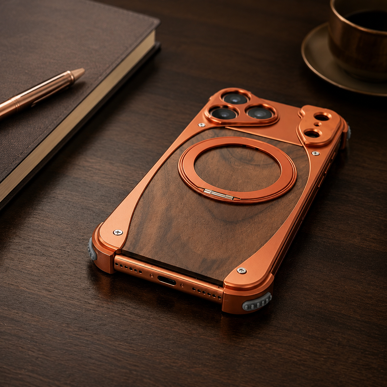Premium iPhone Case Walnut Wood Aluminum Magnetic Protective Cover Shockproof Built-In Stand Wireless Charging Camera Lens Protection Full Coverage