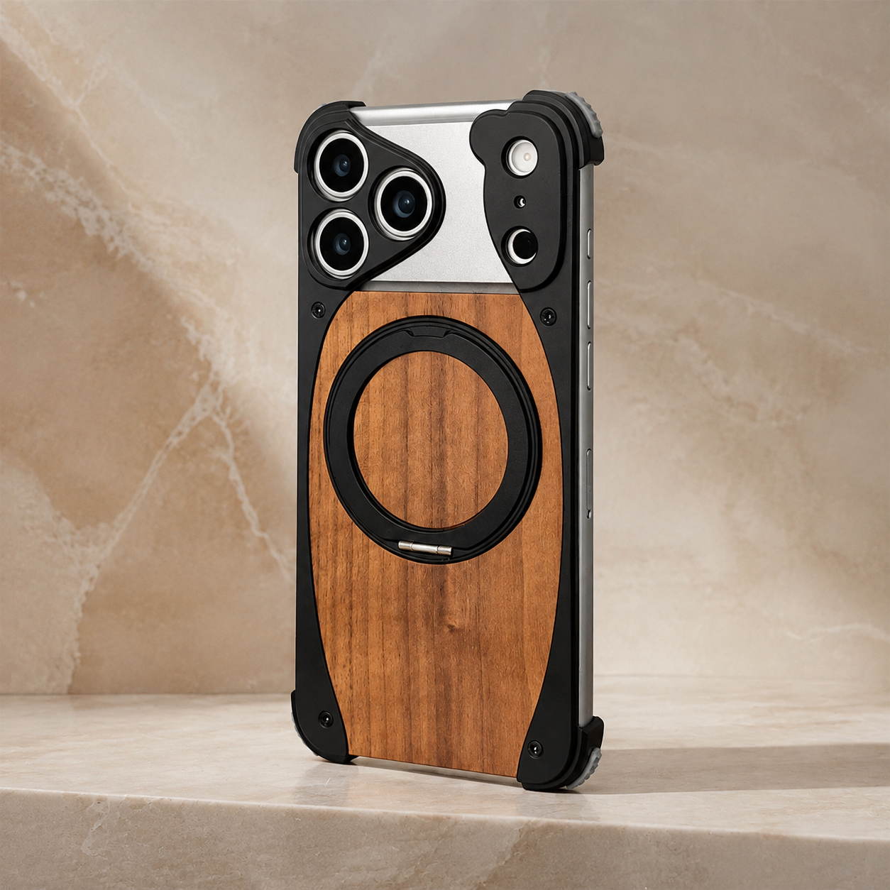 Premium iPhone Case Walnut Wood Aluminum Magnetic Protective Cover Shockproof Built-In Stand Wireless Charging Camera Lens Protection Full Coverage