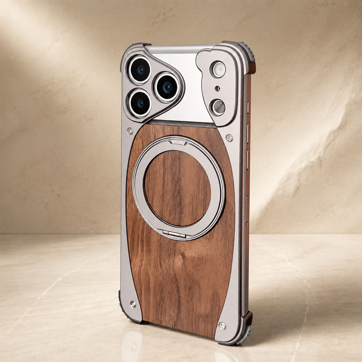 Premium iPhone Case Walnut Wood Aluminum Magnetic Protective Cover Shockproof Built-In Stand Wireless Charging Camera Lens Protection Full Coverage