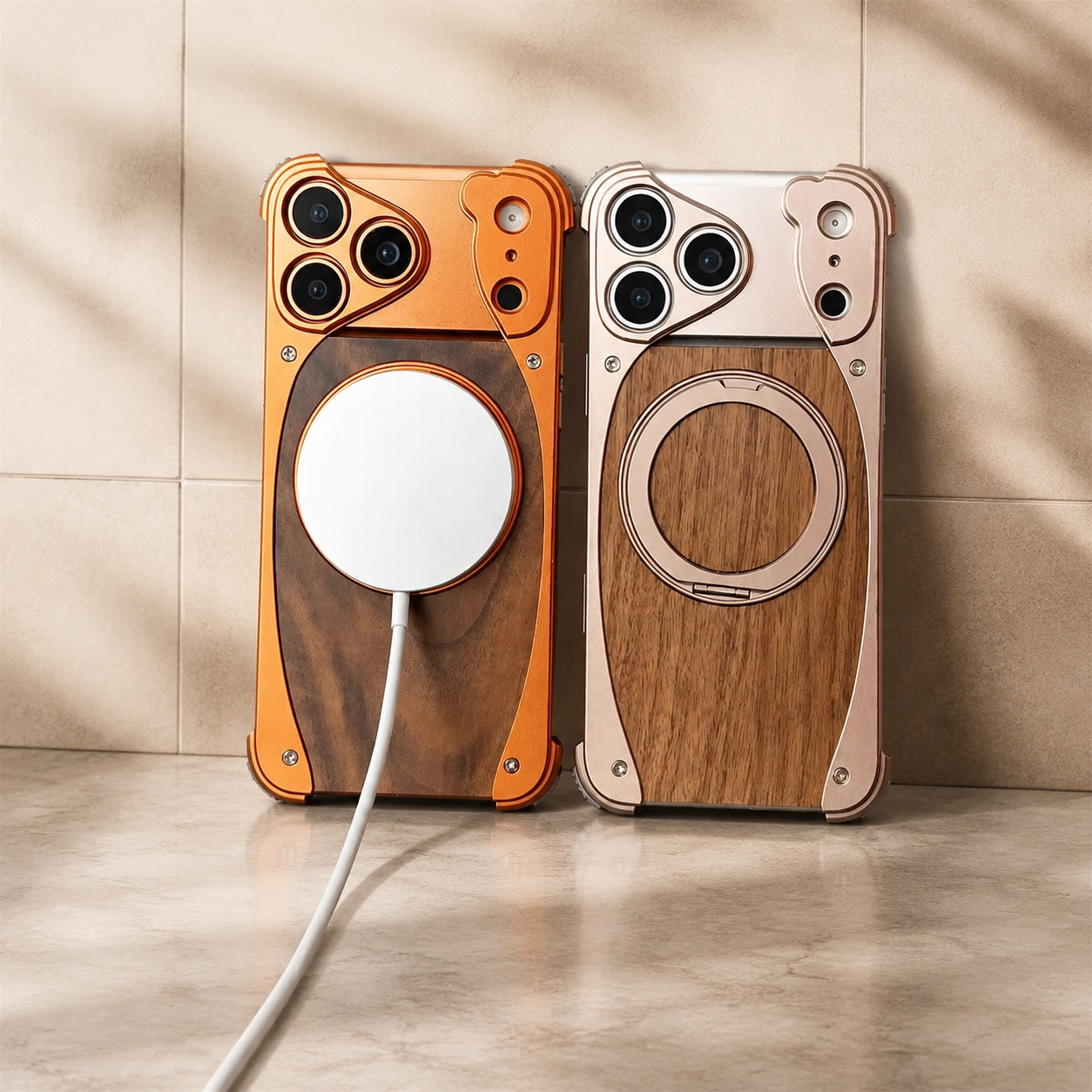 Premium iPhone Case Walnut Wood Aluminum Magnetic Protective Cover Shockproof Built-In Stand Wireless Charging Camera Lens Protection Full Coverage