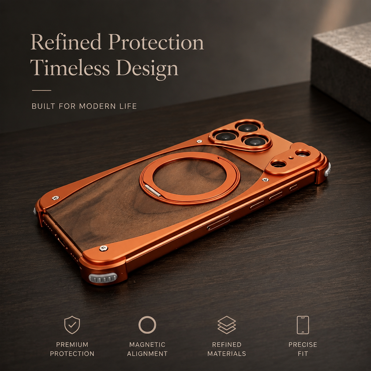 Premium iPhone Case Walnut Wood Aluminum Magnetic Protective Cover Shockproof Built-In Stand Wireless Charging Camera Lens Protection Full Coverage