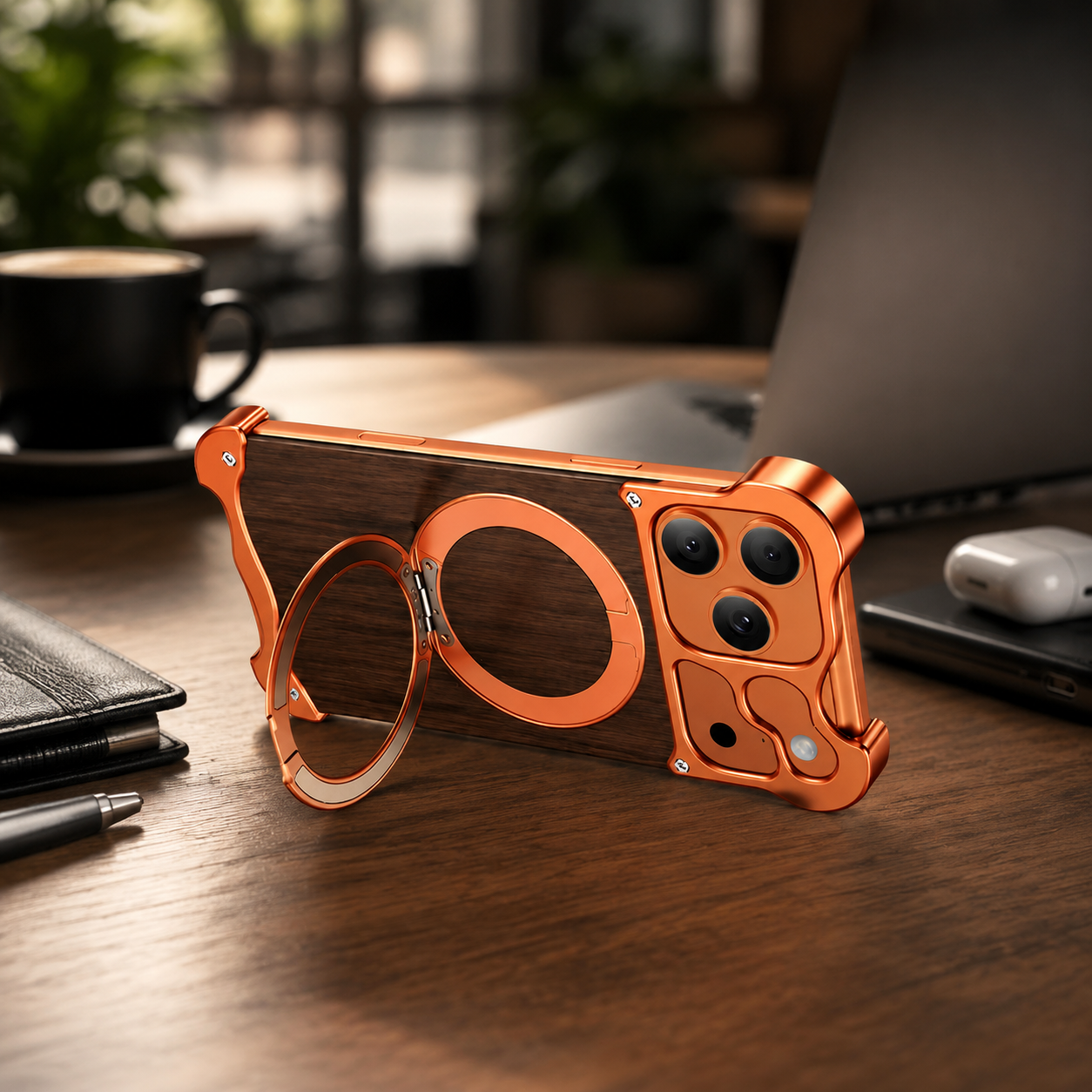 Premium iPhone Case Wood Aluminum Frame MagSafe Compatible Protective Cover 360° Rotating Ring Stand Shockproof Camera Lens Guard