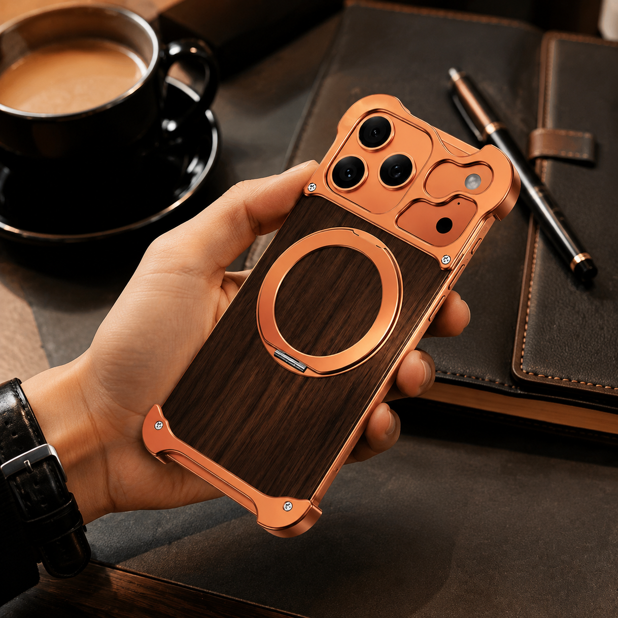 Premium iPhone Case Wood Aluminum Frame MagSafe Compatible Protective Cover 360° Rotating Ring Stand Shockproof Camera Lens Guard
