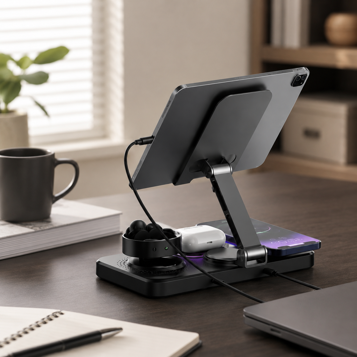 Premium 4 in 1 Magnetic Wireless Charging Station 15W Fast Charging Foldable Charger Stand for Phone Watch Earbuds LED Compatible with iPhone