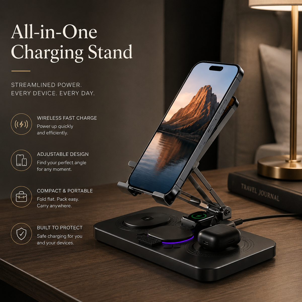 Premium 4 in 1 Magnetic Wireless Charging Station 15W Fast Charging Foldable Charger Stand for Phone Watch Earbuds LED Compatible with iPhone