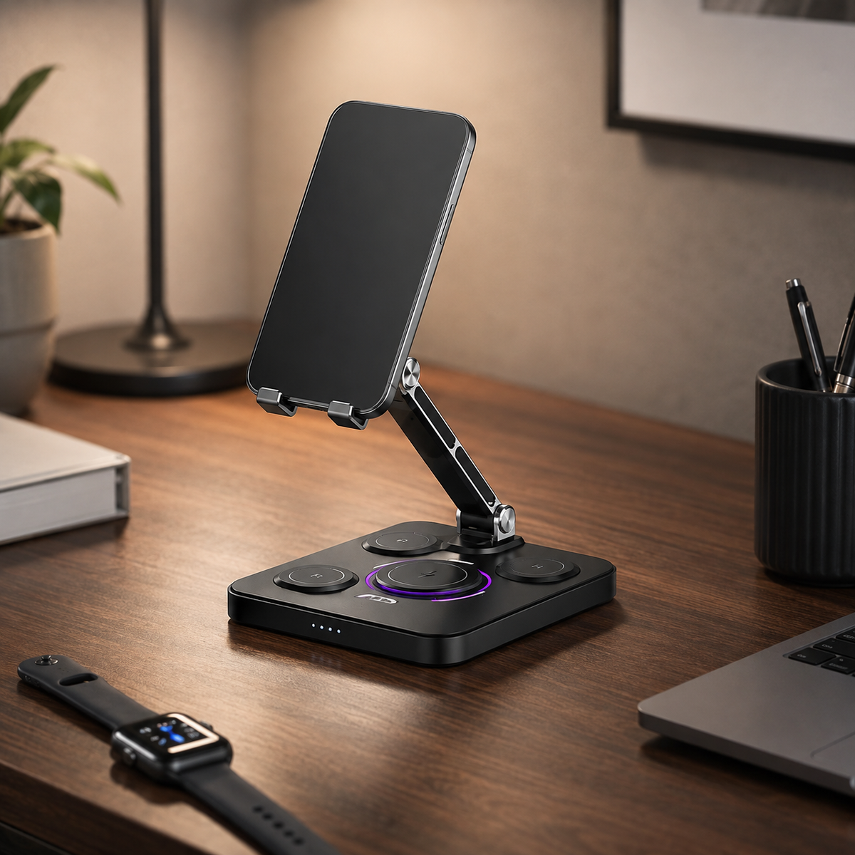 Premium 4 in 1 Magnetic Wireless Charging Station 15W Fast Charging Foldable Charger Stand for Phone Watch Earbuds LED Compatible with iPhone