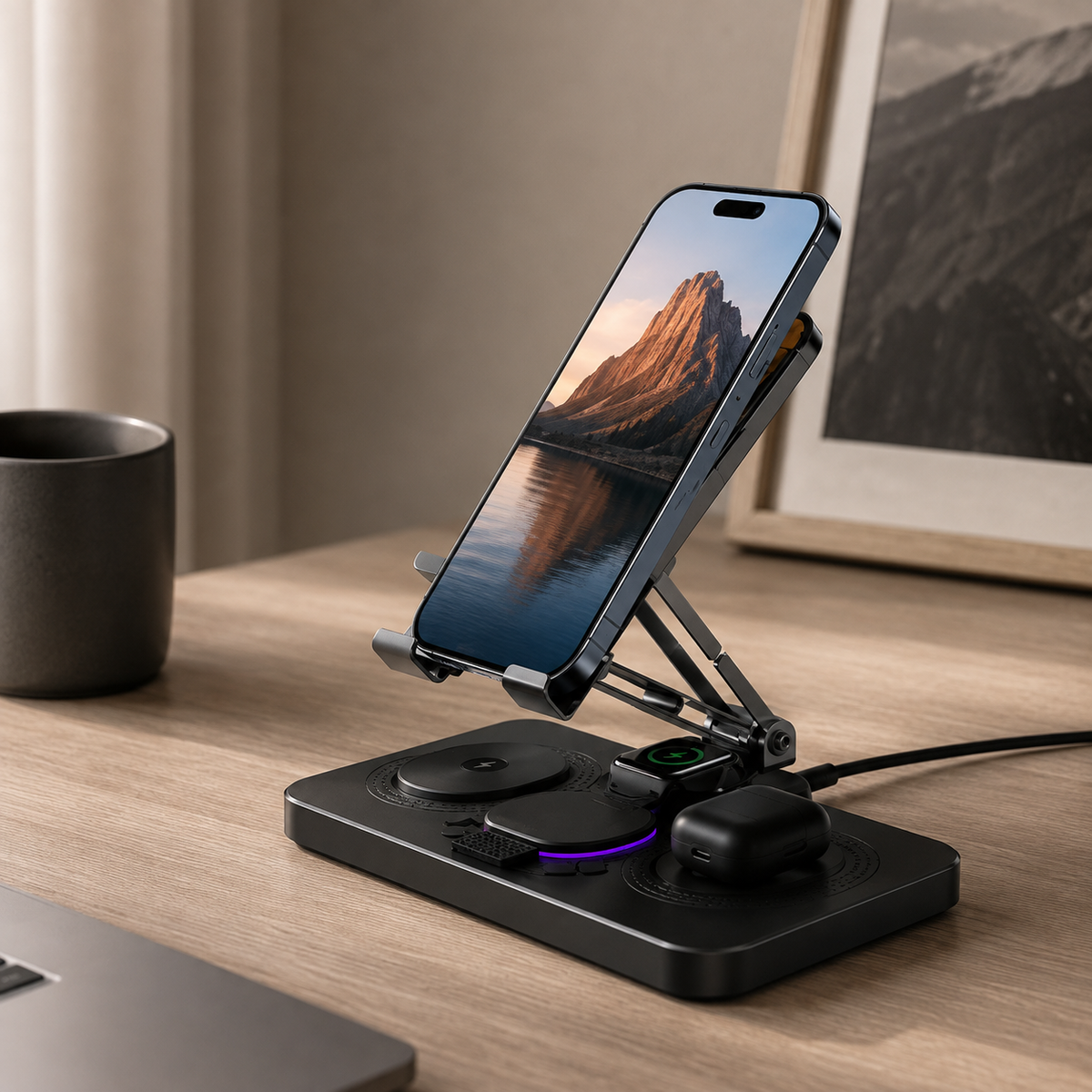 Premium 4 in 1 Magnetic Wireless Charging Station 15W Fast Charging Foldable Charger Stand for Phone Watch Earbuds LED Compatible with iPhone