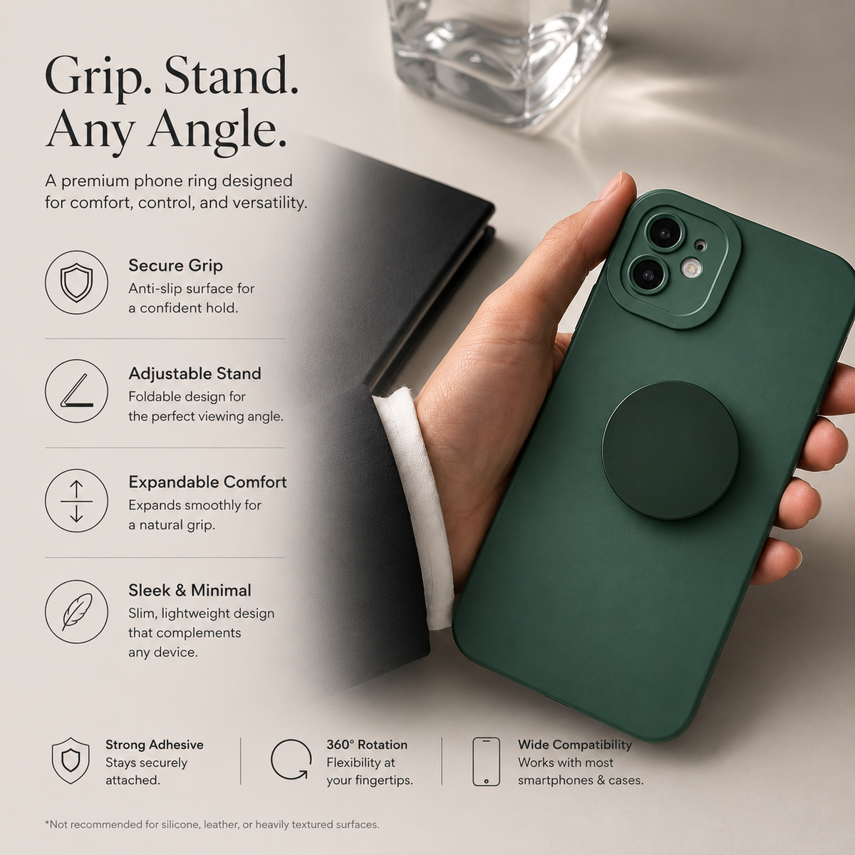 Premium Foldable Finger Ring Phone Holder Anti-Slip Expandable Grip Stand Round Socket Mount Adjustable Kickstand Compatible with iPhone