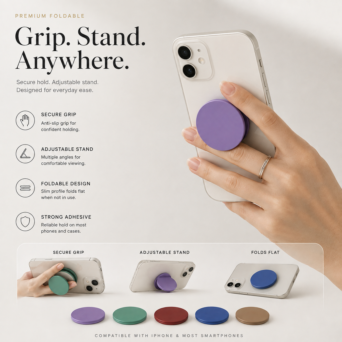 Premium Foldable Finger Ring Phone Holder Anti-Slip Expandable Grip Stand Round Socket Mount Adjustable Kickstand Compatible with iPhone