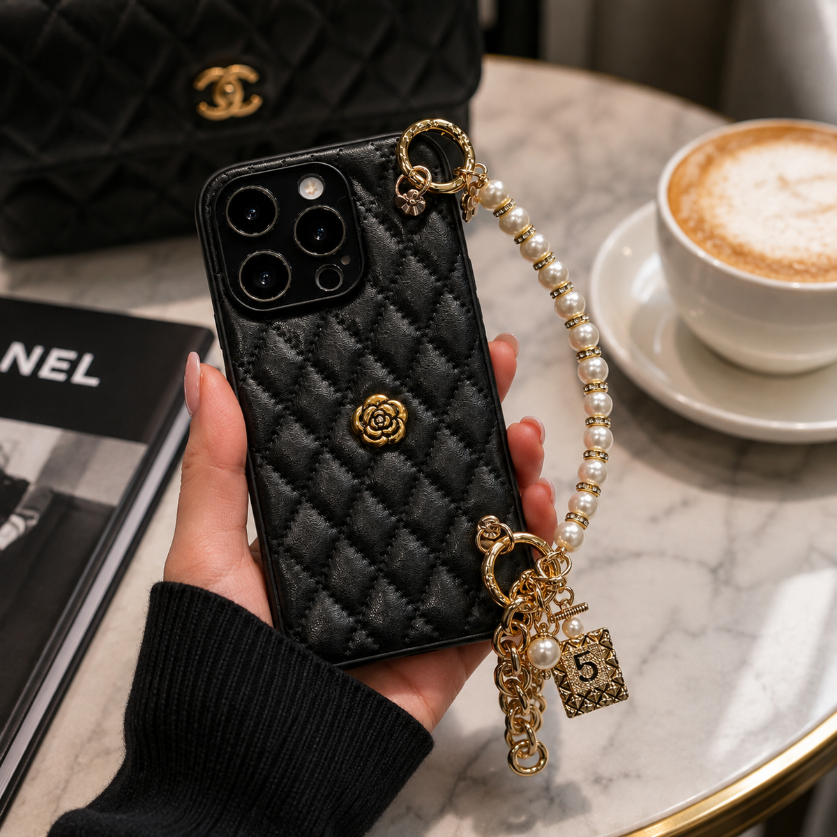 Premium Luxury iPhone Case 3D Camellia Floral Cover Chain Strap Shockproof Protective Design Slim Lightweight Elegant Finish Style Fashion Collection
