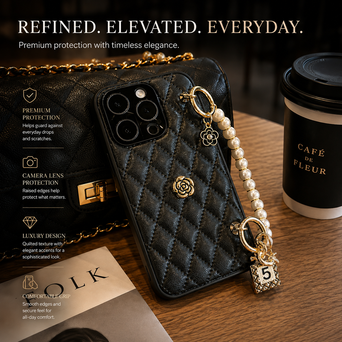 Premium Luxury iPhone Case 3D Camellia Floral Cover Chain Strap Shockproof Protective Design Slim Lightweight Elegant Finish Style Fashion Collection